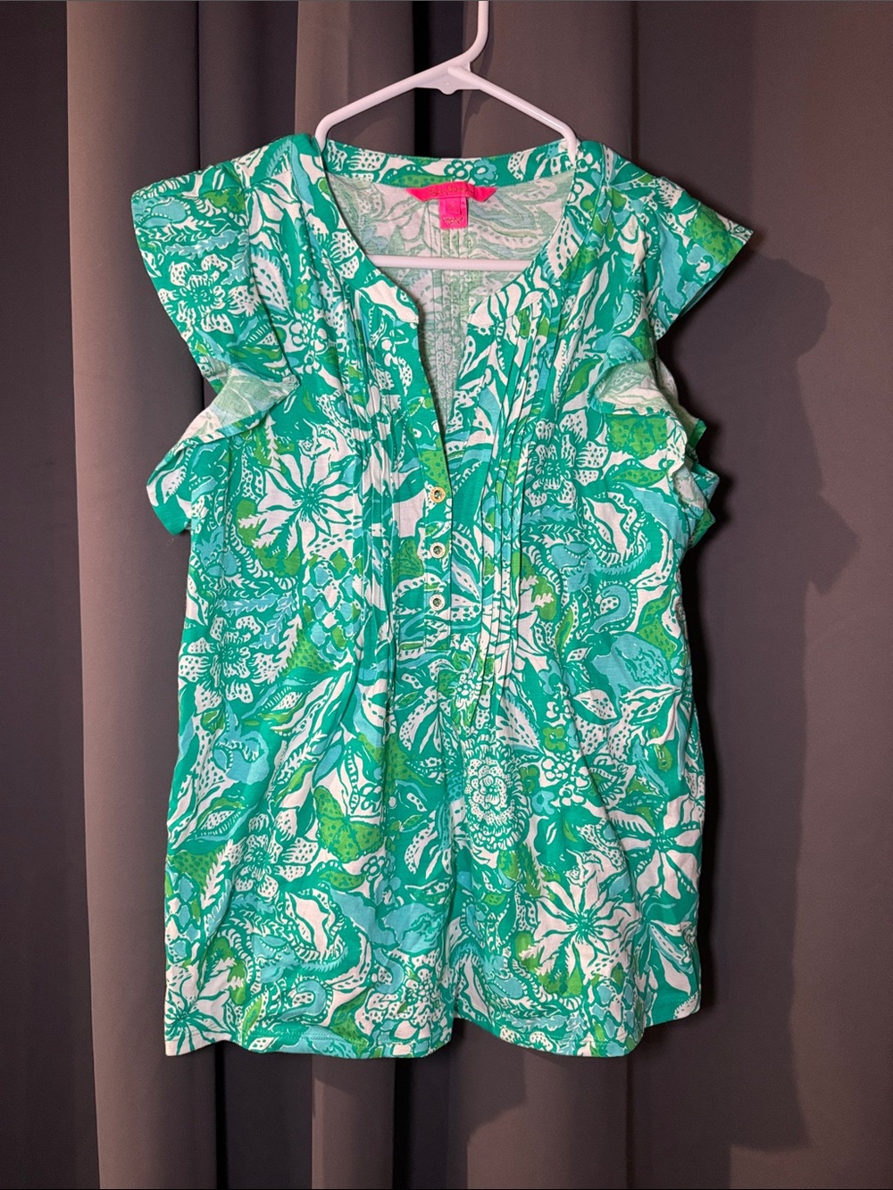 Lilly Pulitzer 100% Cotton Green & White Floral Flutter Sleeve Top